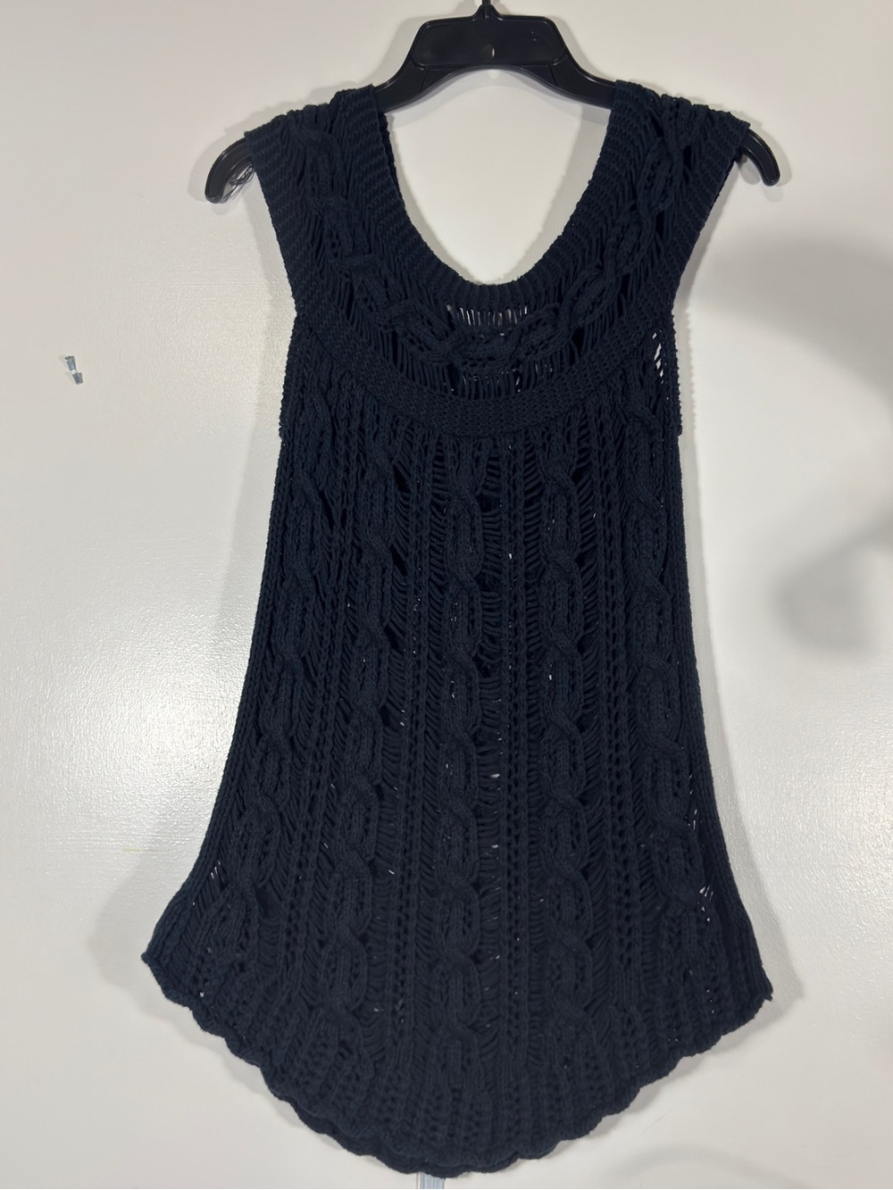 Moda International Black Open Knit Cable Crochet Tunic Sweater Tank Vest Top